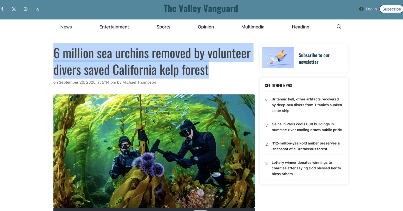 Valley Vanguard Online article display with kelp forest image